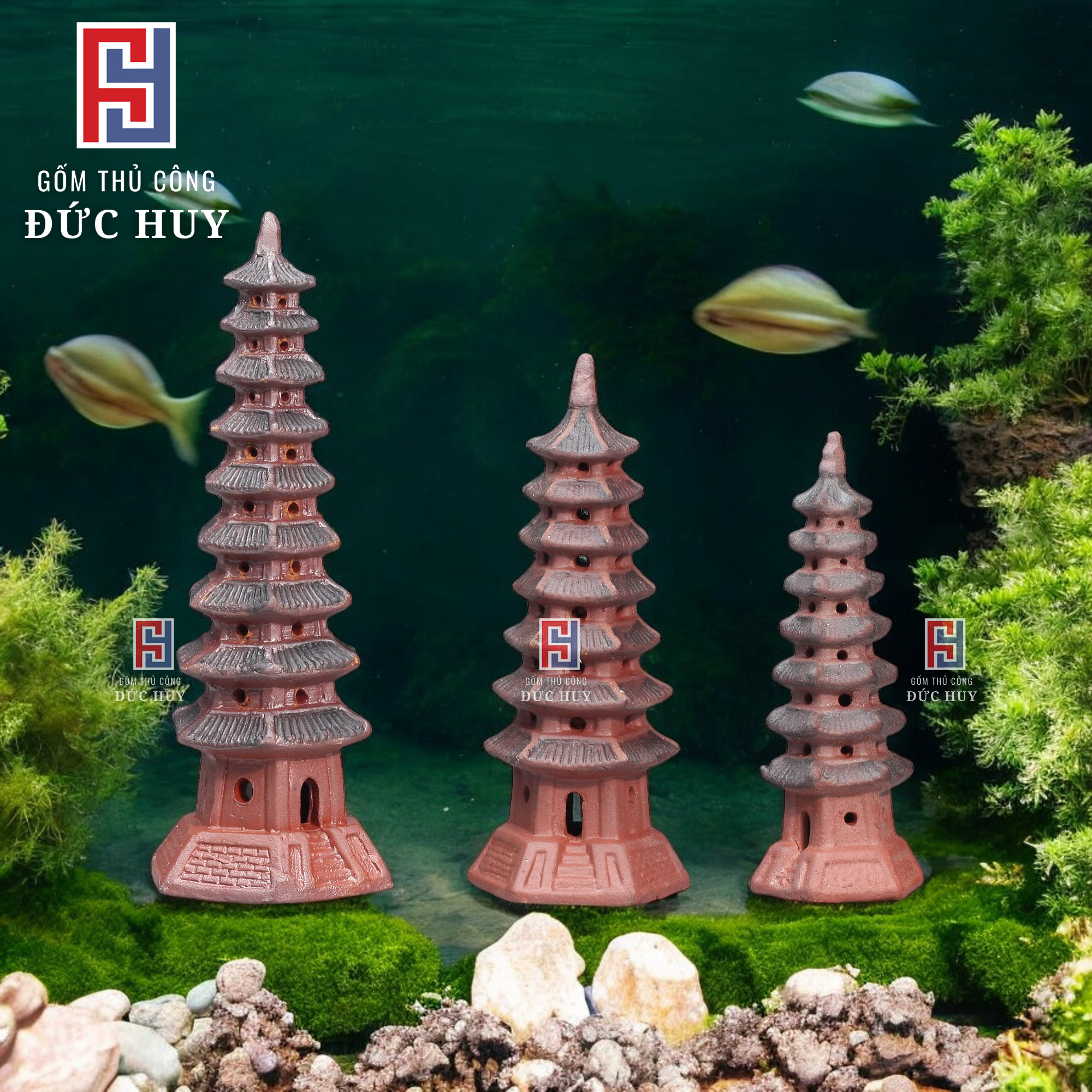 Mô hình Tháp tròn men đỏ trang trí bể cá cảnh