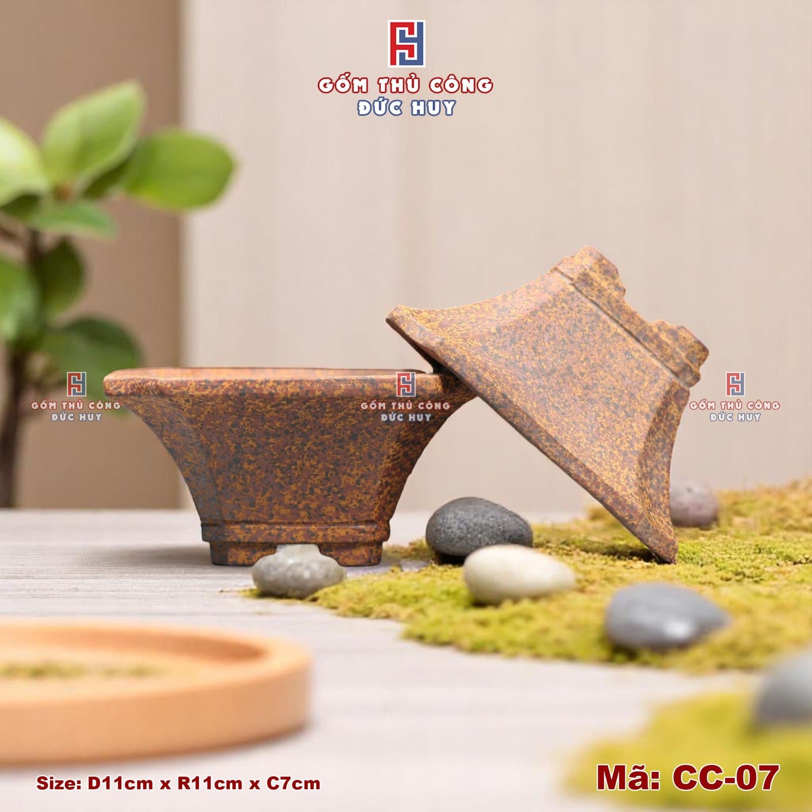 Chậu bonsai mini dáng xẻ quạt – men hạt 3D - Mã CC-07 9 Chau trong cay bonsai mini dang xe quat Ma CC07 Gom Duc Huy 1