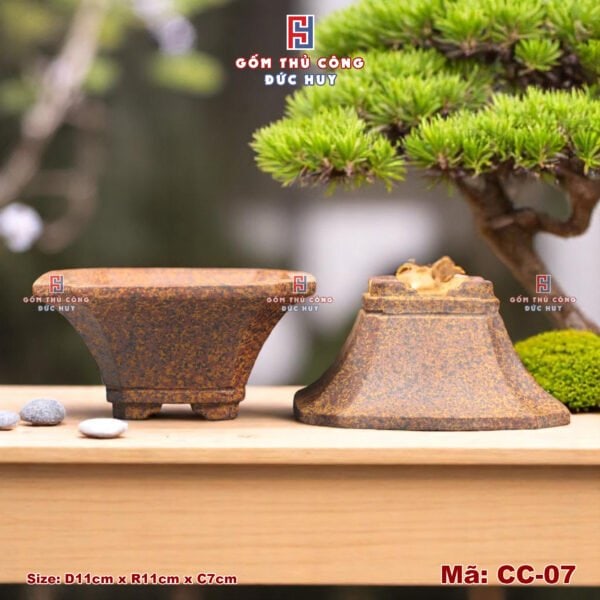 Chậu bonsai mini dáng xẻ quạt – men hạt 3D - Mã CC-07 - Hình ảnh 3
